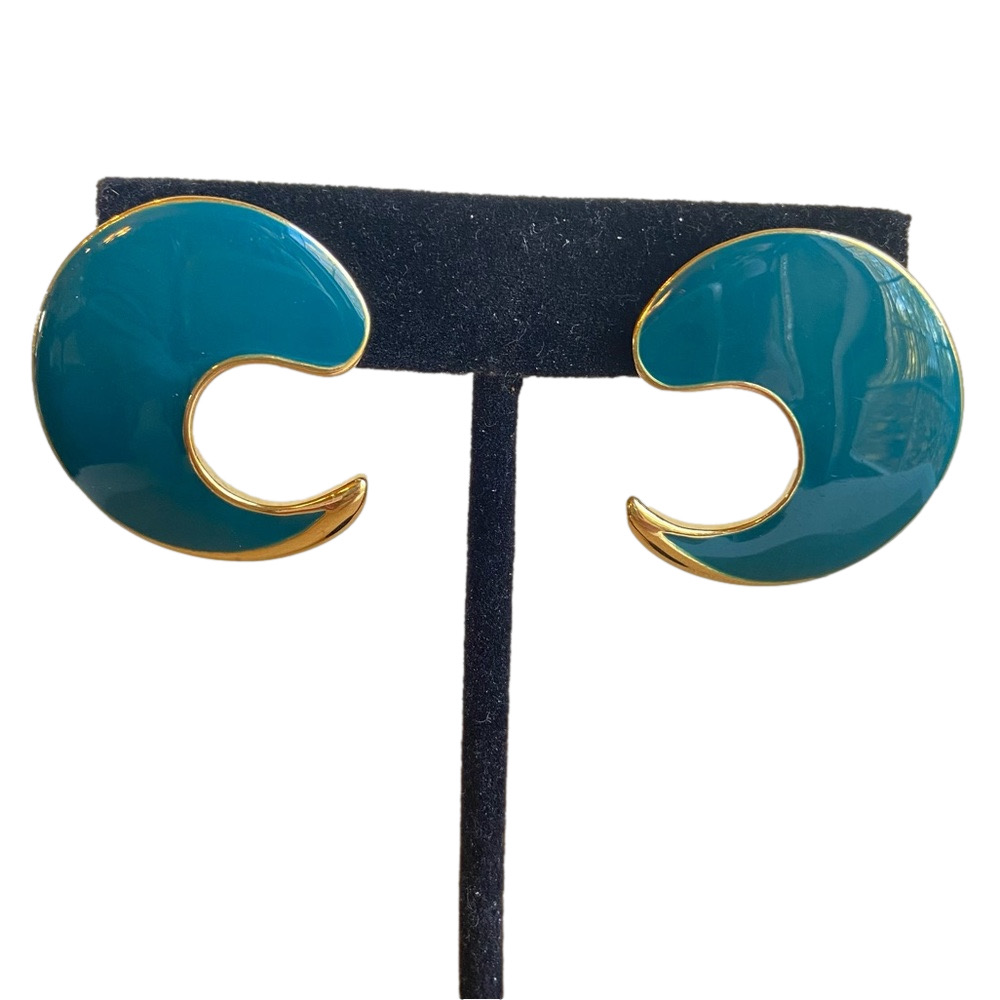 Trifari pierced post wave earrings in teal blue green enamel over goldtone metal
